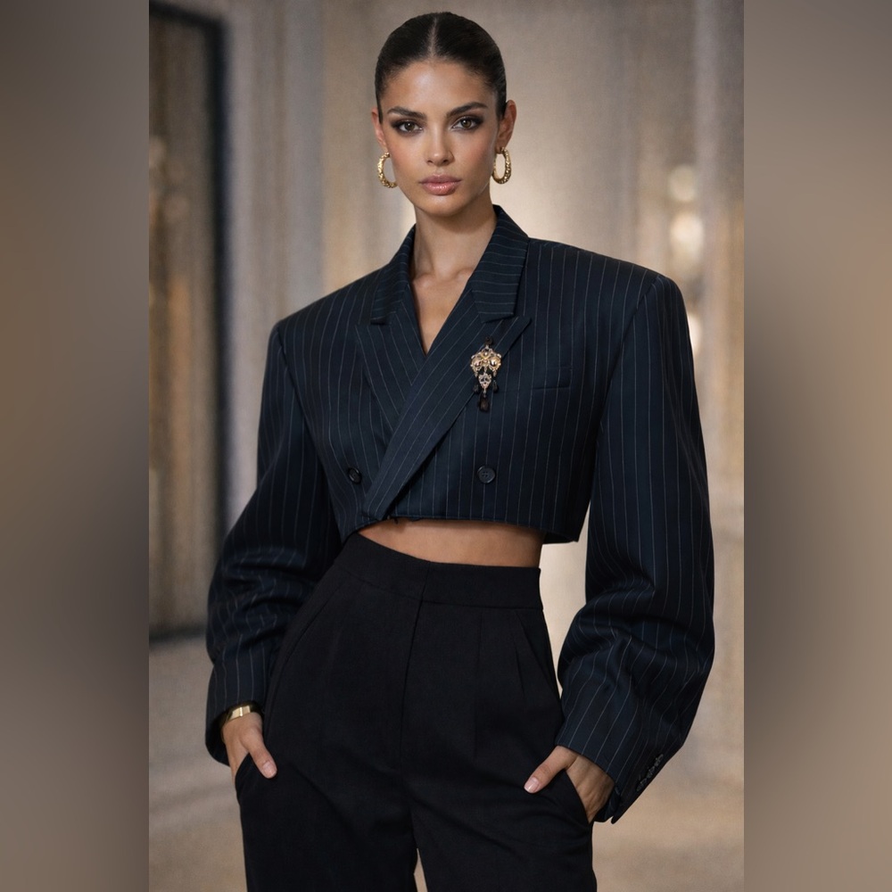 Vintage John Blair Double Breasted Cropped Navy Pinstripe Blazer - Unisex  XL